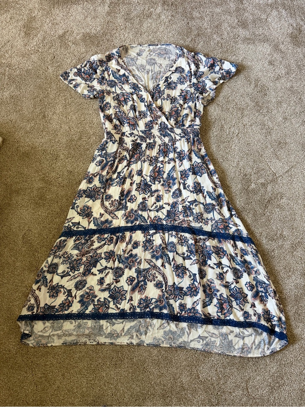Maurices Cream Midi Dress with Navy and Muted Pink Floral Print